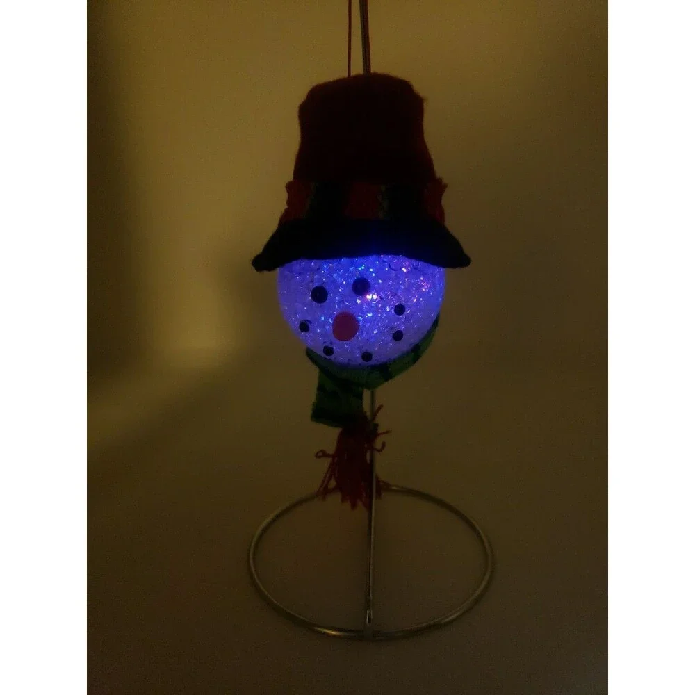 Melted Popcorn Snowman Head Ornament Light Up LED Color Changing Plastic Acrylic